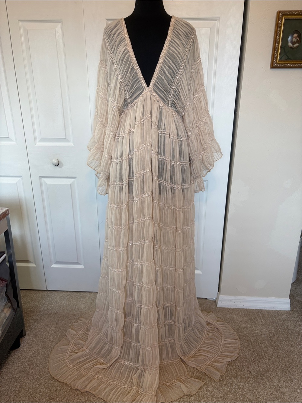 NWT Cream Sheer Plisse Boho Maxi Gown Dress Tassel Back - Size Large.